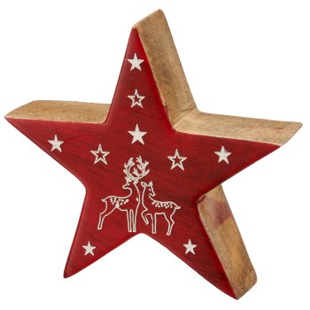Mango wood star with motif, standing, enamel finish, 10x10x2.5cm, red