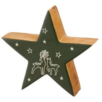 Mangoholz Stern mit Motiv, stehend, Enamel finish, 10x10x2,5cm, dunkelgrün