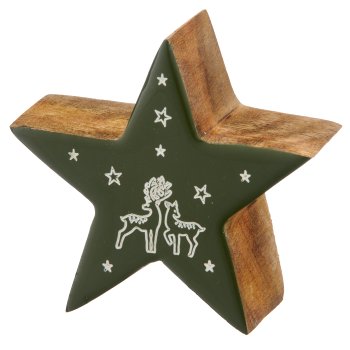 Mangoholz Stern mit Motiv, stehend, Enamel finish, 15x15x2,5cm, dunkelgrün