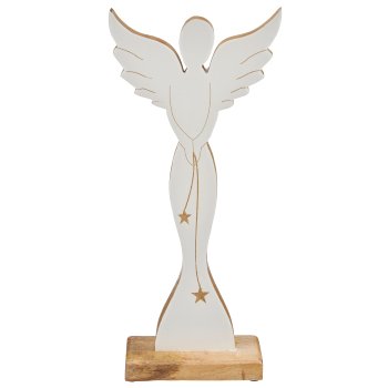 Mango wood angel on wooden base, 42x19x5cm, white