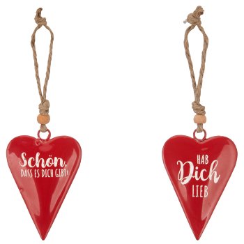 Metal hanger LOVE, heart, 2assorted, 9x5,5x1cm, red
