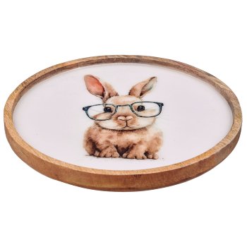 Wooden plate with rabbit print, round, 20x20x2.5cm, natural