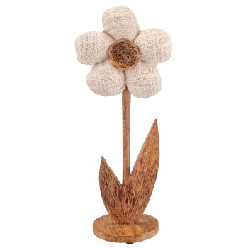 Wooden flower with fabric cover on wooden base, standing, 14x9.5x31cm, natural