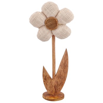 Wooden flower with fabric cover on wooden base, standing, 19x10x46cm, natural