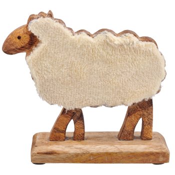 Holzschaf mit Stoffbezug auf Holzfuß, stehend, 12x5x15cm, vanille
