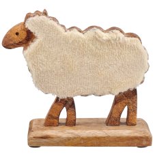Holzschaf mit Stoffbezug auf Holzfuß, stehend, 12x5x15cm, vanille