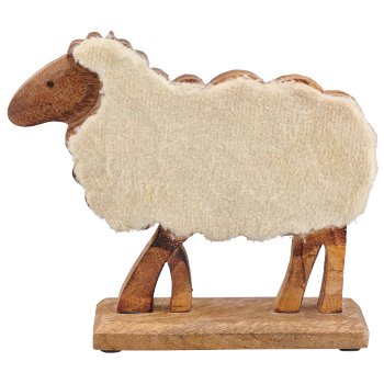 Holzschaf mit Stoffbezug auf Holzfuß, stehend, 17x5x21cm, vanille