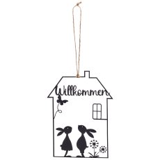 Metal heart hanger with rabbit print, 10x0.2x15cm, black