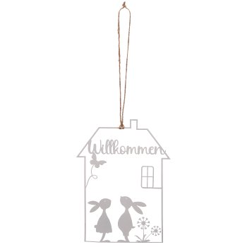 Metal heart hanger with rabbit print, 10x0.2x15cm, white