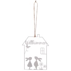 Metal heart hanger with rabbit print, 10x0.2x15cm, white