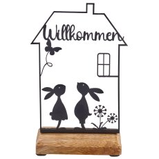 Metallhaus auf Holzfuß "Willkommen" mit Hasen, 11x5x17cm, schwarz
