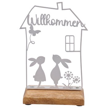 Metallhaus auf Holzfuß "Willkommen" mit Hasen, 11x5x17cm, weiß