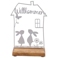 Metallhaus auf Holzfuß "Willkommen" mit Hasen, 11x5x17cm, weiß