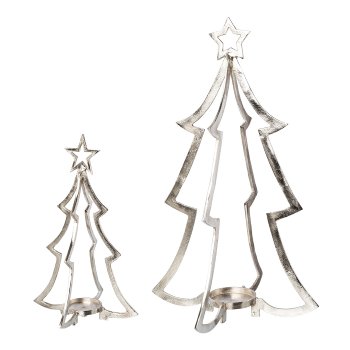 Aluminum tree candle holder set of 2, 26x26x40/44x44x74cm, silver, 2/set