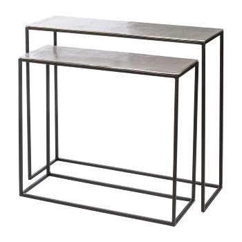 Aluminium Konsolentisch 2erSet auf Eisenrack, 80x25x70/68x22x60cm, silber,