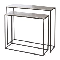 Aluminium Konsolentisch 2erSet auf Eisenrack, 80x25x70/68x22x60cm, silber,