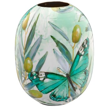 Metal vessel INSTYLE, bulbous, with leaf print, olive, 18x18x24cm, blue, Lepuro