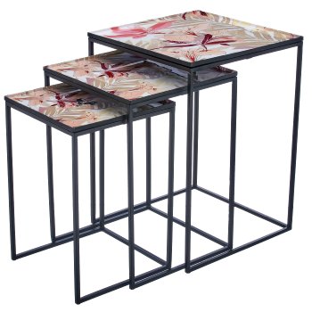 Metal table INSTYLE with print motif on iron frame, set of 3, 30x30x46/35x35x50/40x40x56cm,