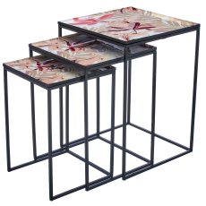 Metal table INSTYLE with print motif on iron frame, set of 3, 30x30x46/35x35x50/40x40x56cm,