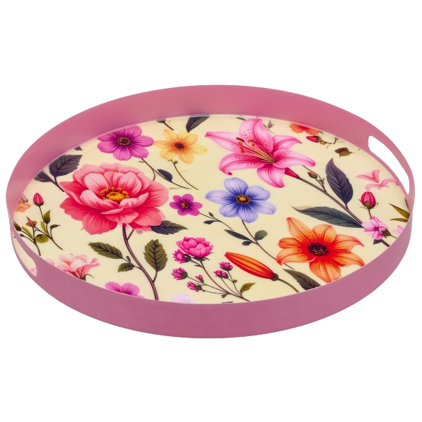 Aluminium Tablett INSTLYE, rund, FLOWERS, 40x40x5cm, bunt, Lepuro - Kunstblumen, Kunstpflanzen & Deko