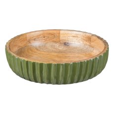 Mango wood bowl with ribbed rim and enamel, 20x6cm, moss