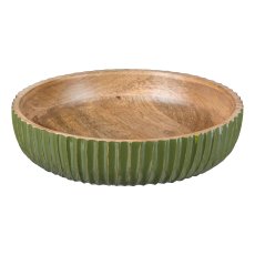 Mango wood bowl with ribbed rim and enamel, 25x6cm, moss