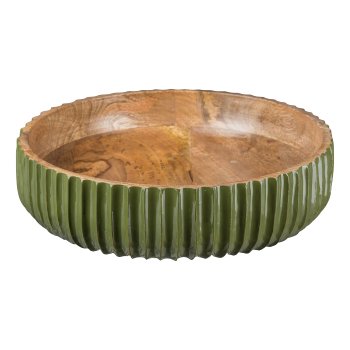 Mango wood bowl with ribbed rim and enamel, 30x8cm, moss