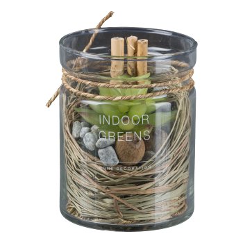 Succulent mix with natural decoration in a jar, 2 assorted, 10x13cm, green