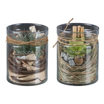 Succulent mix with natural decoration in a jar, 2 assorted, 10x13cm, green