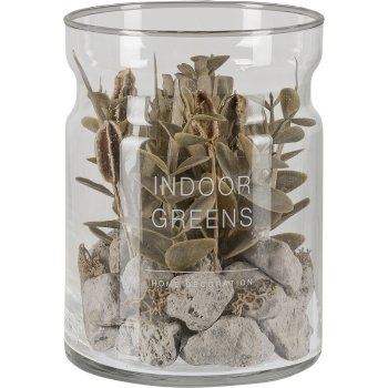 Succulent arrangement in a glass with decorative stones, 3 assorted, 10x13cm, clear