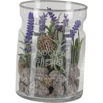 Succulent arrangement in a glass with decorative stones, 3 assorted, 10x13cm, clear