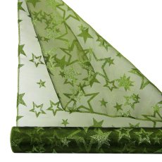 Organza Decoration Fabric On Roll Glitter Stars, 40x300cm, Green