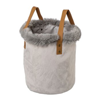 Velvet fabric planter with fur,rim and leather handle,