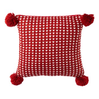 Knitted fabric cushion with pompoms, 45x45cm, red
