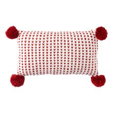 Knit fabric pillow w.pompoms, 30x50cm, white
