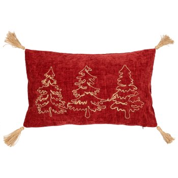 Chenille cushion with cord embroidery and tassel, 30x50cm, red