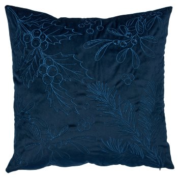 Velvet cushion with leaf embroidery, 45x45cm, blue