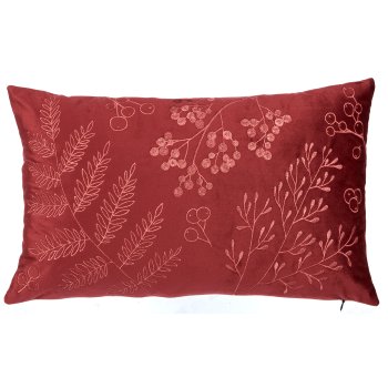 Samtkissen mit Blatt Stickerei, 30x50cm, rot