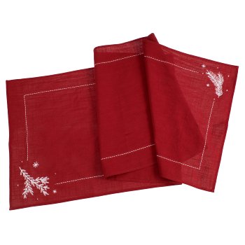 Cotton table runner with embroidery pattern, 140x40cm, red