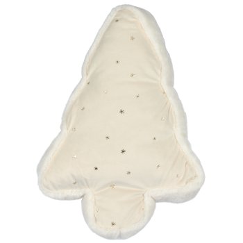Velvet/fabric cushion tree shape with fur & snowflakes, 31x45x6cm, natural white
