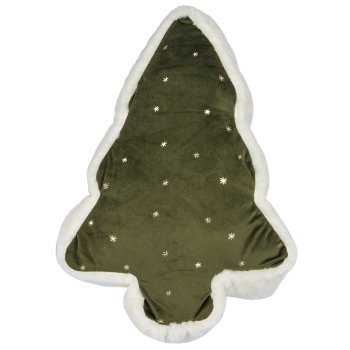 Samt/Stoffkissen Baumform mit Fell & Schneeflocken, 31x45x6cm, dunkelgrün