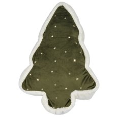 Velvet/fabric cushion tree shape with fur & snowflakes, 31x45x6cm, dark green