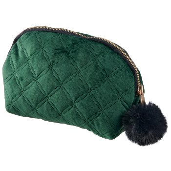 Velvet/fabric cosmetic bag BUBBLE with fur, 19x6x13cm, dark green