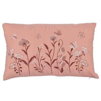 Cotton cushion, floral embroidery, 50x30cm, light pink
