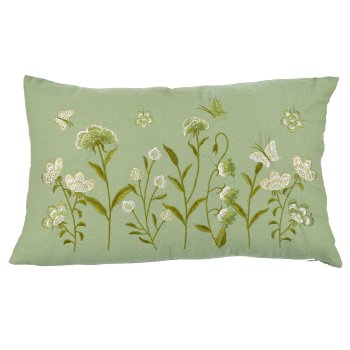 Baumwollkissen, florale Bestickung, 50x30cm, jade