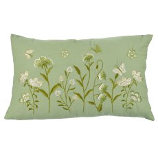 Cotton cushion, floral embroidery, 50x30cm, jade