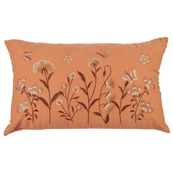 Cotton cushion, floral embroidery, 50x30cm, salmon