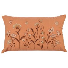 Cotton cushion, floral embroidery, 50x30cm, salmon