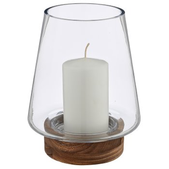 Glas Windlicht/Vase MALAGA auf Holzfuß, 12,5x12,5x23cm, transparent, Lepuro