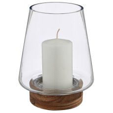 Glas Windlicht/Vase MALAGA auf Holzfuß, 12,5x12,5x23cm, transparent, Lepuro